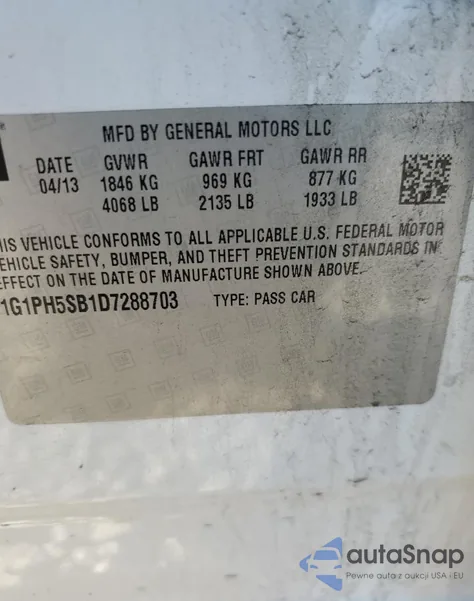 2013 Chevrolet Cruze Eco from USA, damaged, VIN 1G1PH5SB1D7288703